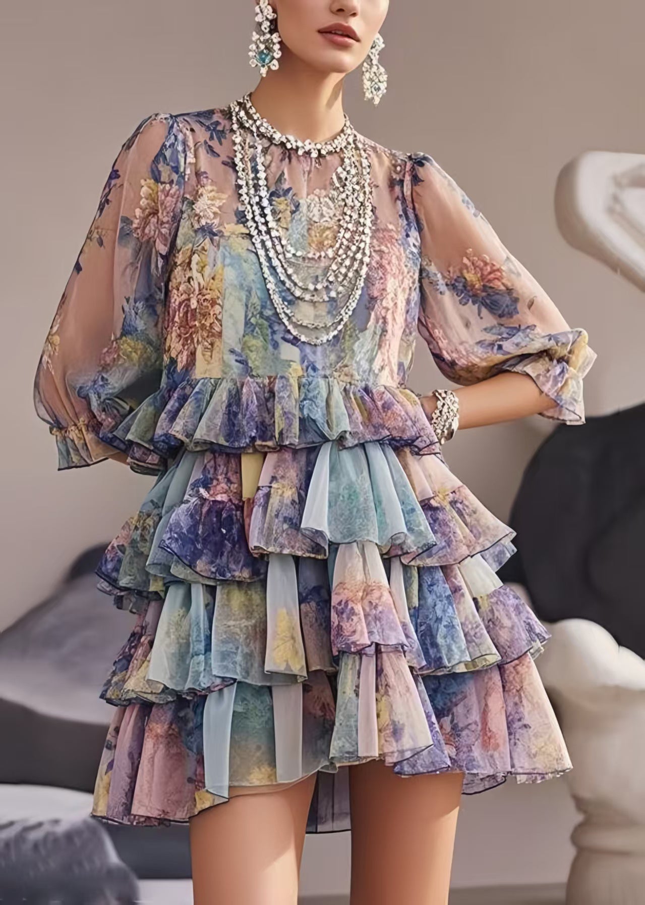 Purple Ruffles Print Chiffon Party Dresses Summer