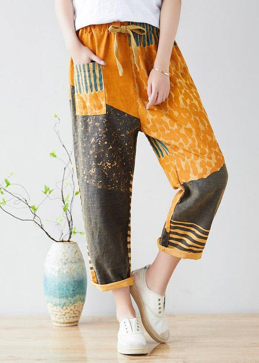 Modern Yellow Retro Colorblock Tie Waist Fall Pants Denim