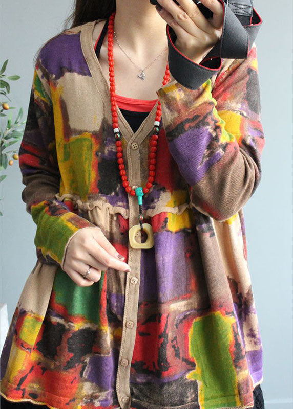 Apricot V Neck Print Button Fall Knit Sweater Coat