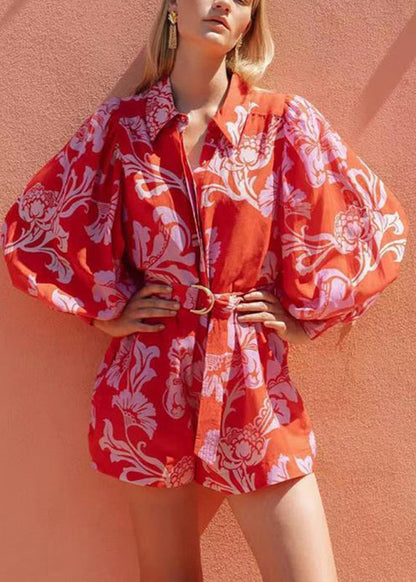 French Red Peter Pan Collar Print Sashes Jumpsuit Fall