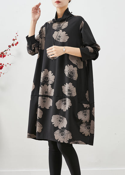Black Turtle Neck Print Cotton Dresses Fall