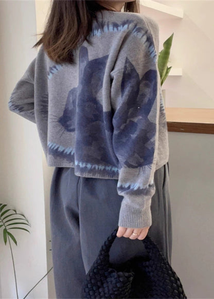 Grey O Neck Animal Print Thick Woolen Sweaters Fall