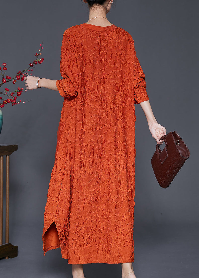 Orange Embroideried Wrinkled Silk Ankle Dress Fall