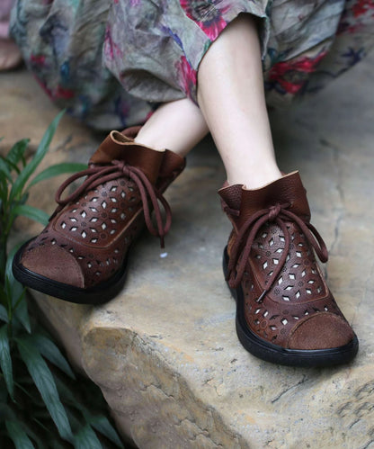 Hollow Out Lace Up Splicing Boots Brown Cowhide Leather