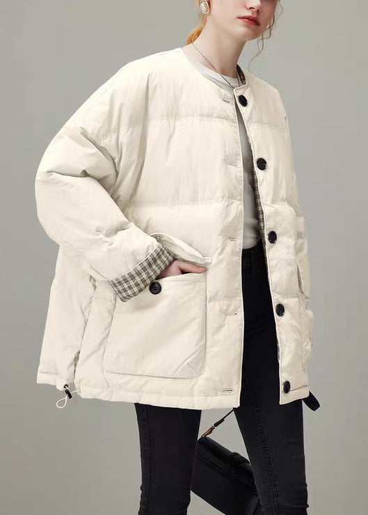 Apricot Plaid Drawstring Pockets Duck Down Down Coat