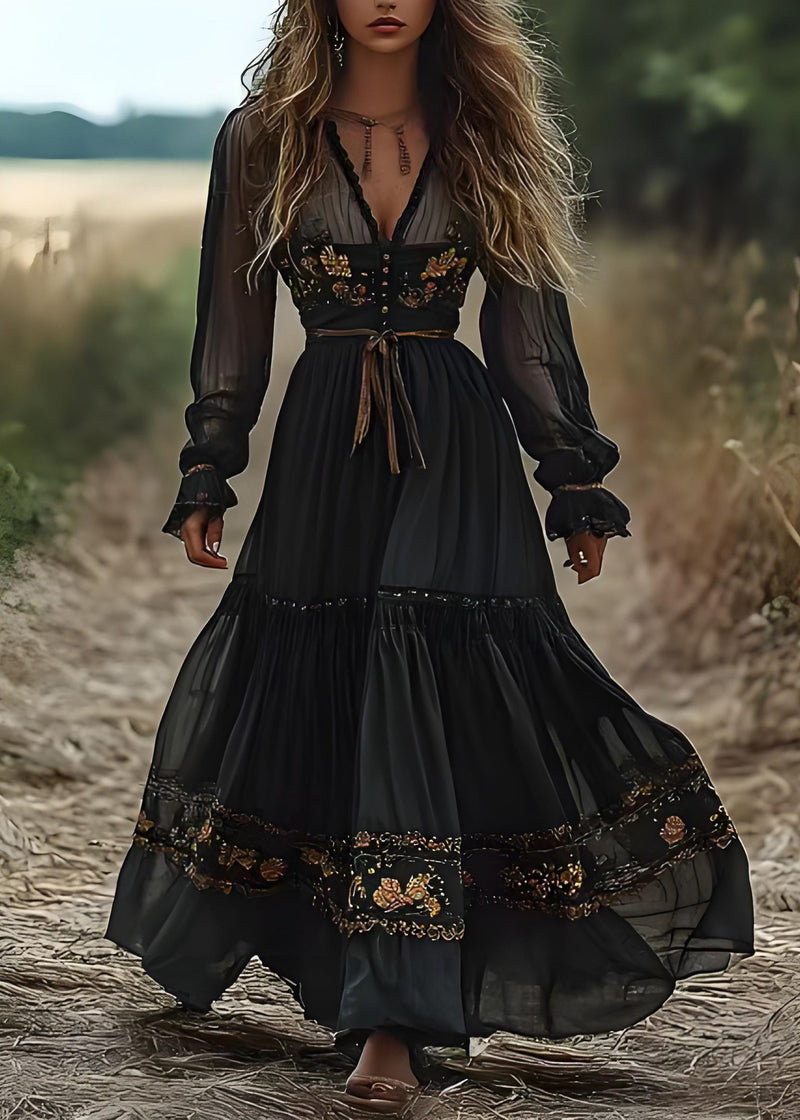 Blackish Green V Neck Wrinkled Patchwork Chiffon Long Dress Spring