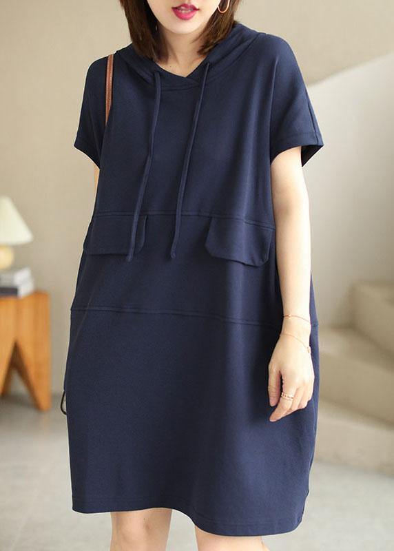 Navy Hooded Drawstring Patchwork Fall Short Sleeve Dress