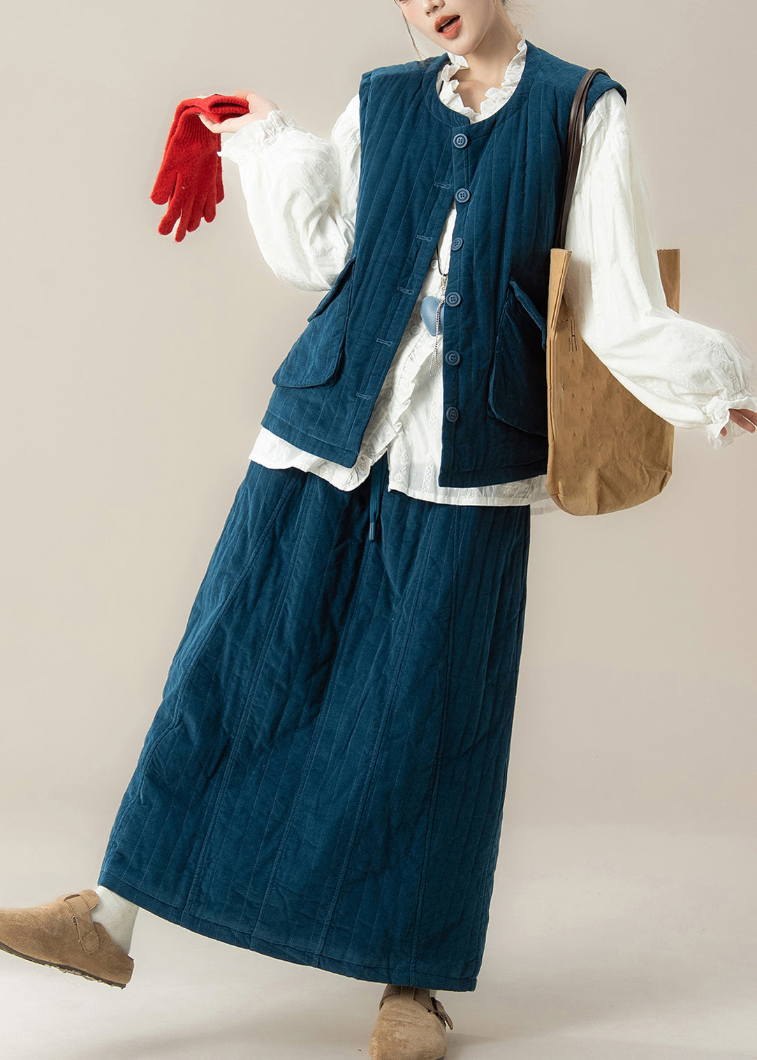 Blue O-neck Thick Waistcoat ,shirts and Maxi Skirts Three Pieces Set Lantern Sleeve