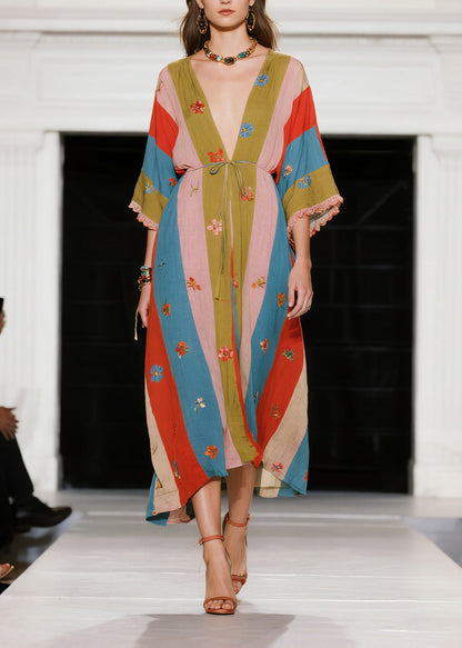 Colorblock Tie Waist Print Cotton Long Dress Summer