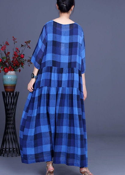 Blue Plaid Linen Embroideried Summer Long Dress