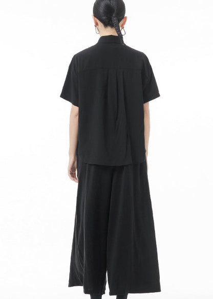 Black Peter Pan Collar Asymmetrical Design Shirt Tops Short Sleeve