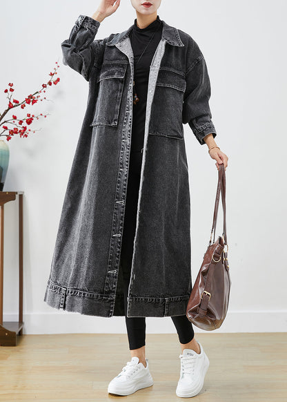 Black Oversized Pockets Denim Trench Coats Fall