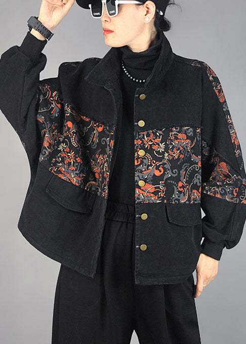 Black Oversized Patchwork Print Denim Jacket Spring