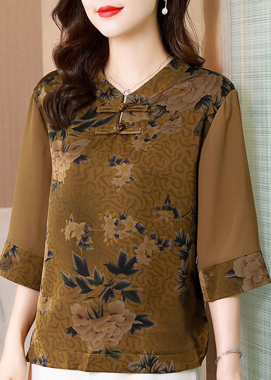 Classy Khaki Stand Collar Print Patchwork Silk Top Half Sleeve