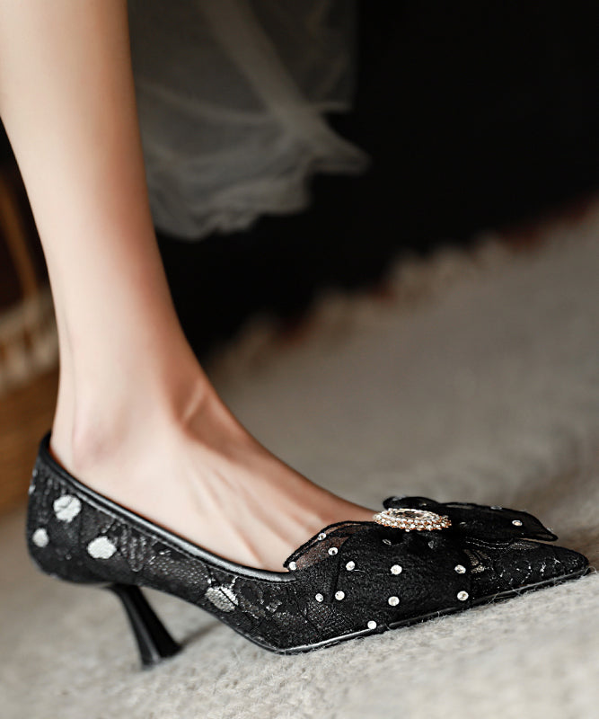 Black Breathable Tulle High Heels Splicing Bow Zircon