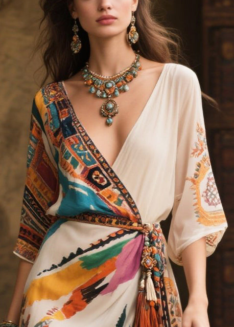 Beige Tasseled Side Open Chiffon Holiday Dress Summer