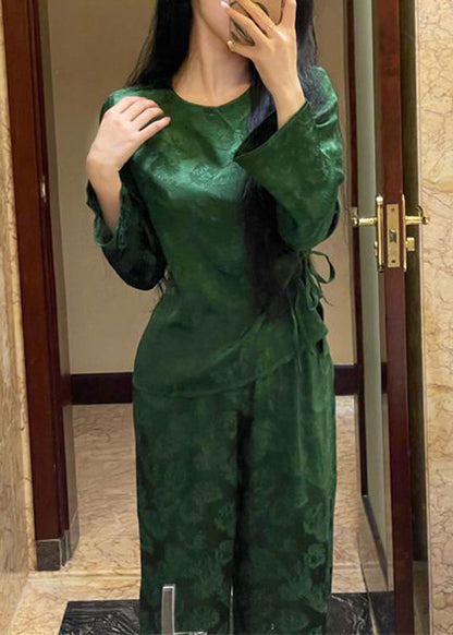 Jacquard Red O-neck Tie Waist Pajamas Two Pieces Set Spring