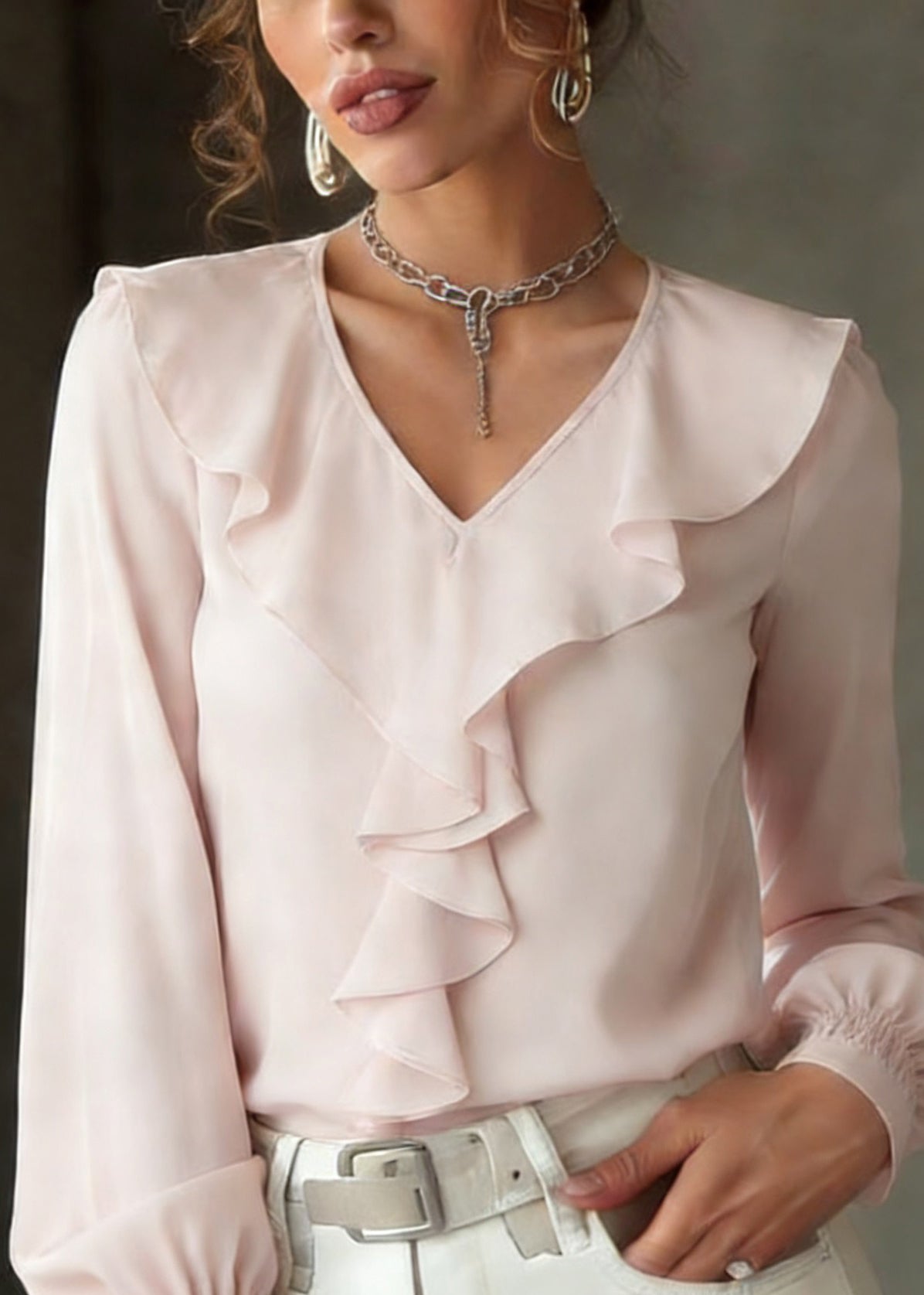 Light Pink Ruffled Patchwork Silk Shirt Lantern Sleeve