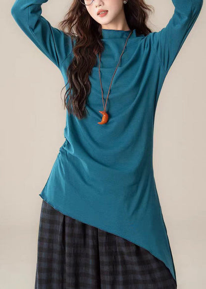 Brown Stand Collar Asymmetrical Cotton Blouses Spring