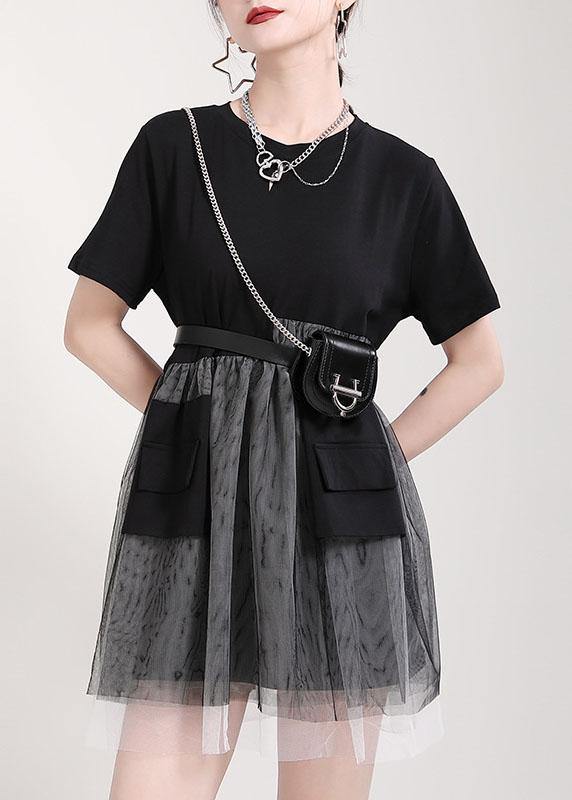 Black Patchwork Tulle Pockets Summer Holiday Dress Short Sleeve