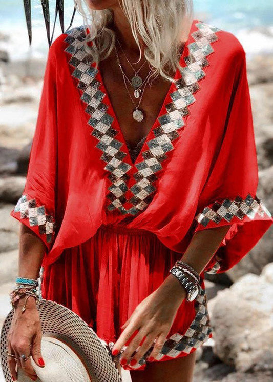Red V Neck Wrinkled Elastic Waist Print Mid Dress Half Sleeve