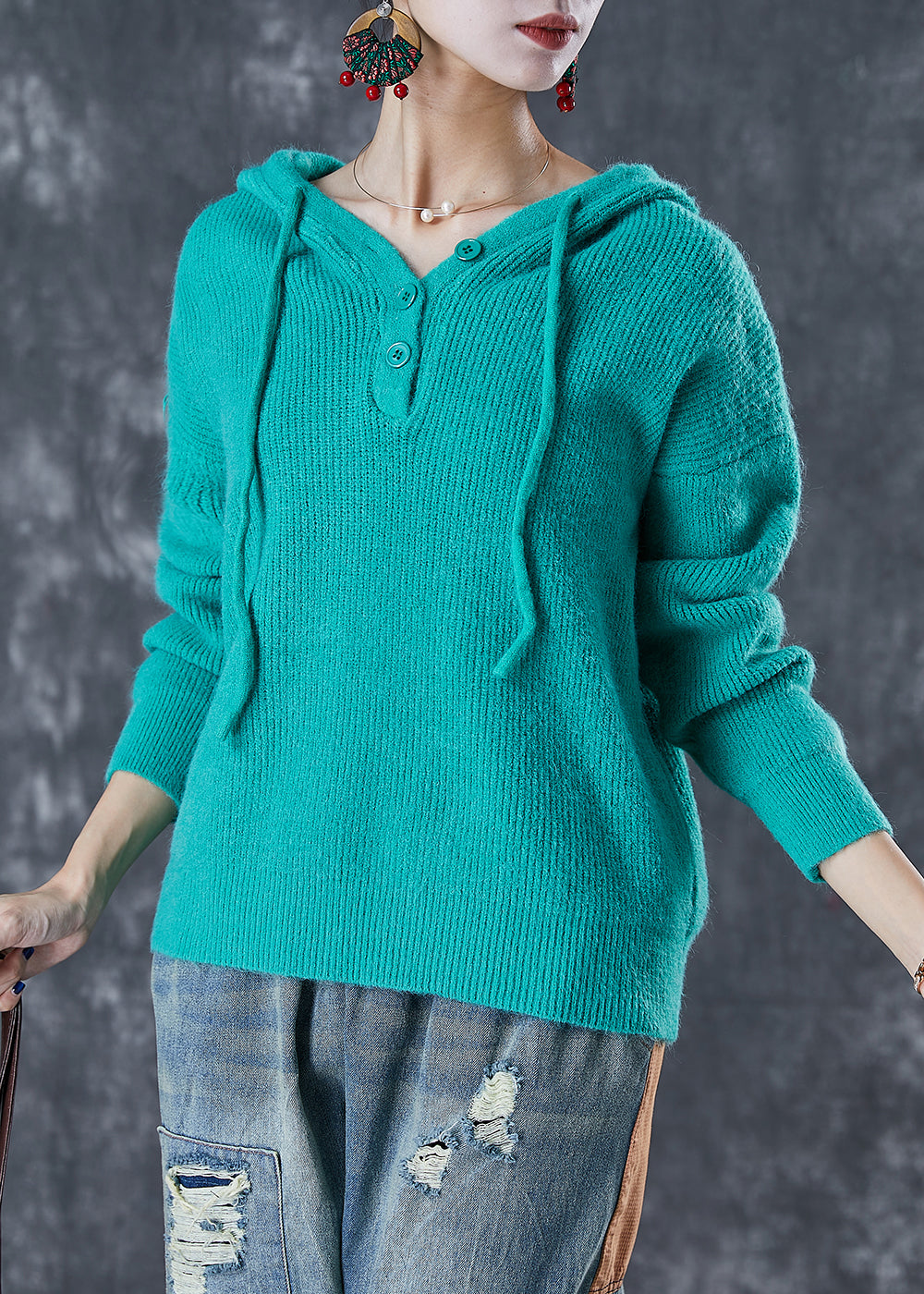 Green Hooded Drawstring Knit Sweatshirts Top Fall