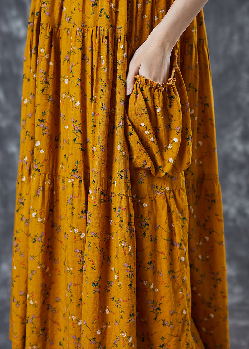 Yellow Cinched Print Cotton Dress Summer