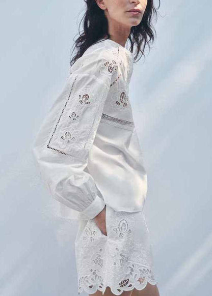 White Hollow Out Embroidered Cotton Two Piece Set Fall