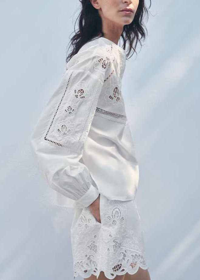 White Hollow Out Embroidered Cotton Two Piece Set Fall