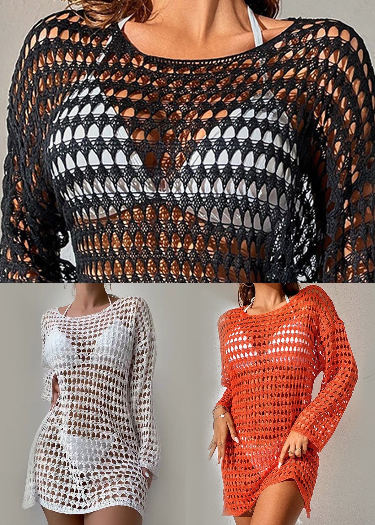 White O-neck Hollow Out Knit Top Long Sleeve