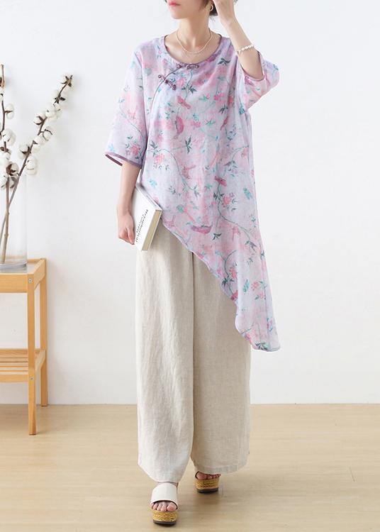 French Light Purple Print Oriental Asymmetrical Design Top Ramie Short Sleeve