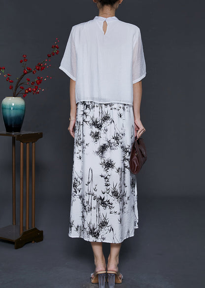 Chinese Style White Print Cotton Two Piece Set Clothing Summer