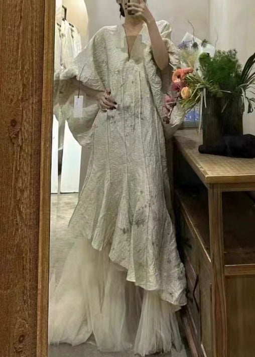 Beige Asymmetrical Tulle Patchwork Maxi Dress Lantern Sleeve
