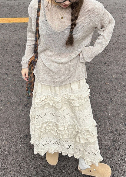 New Grey Knit Tops and Beige Ruffled Skirts Two Piece Set Spring