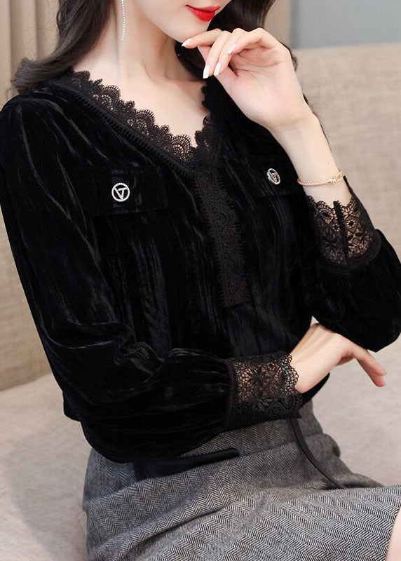 Diy Black V Neck Patchwork Silk Velour Shirts Long Sleeve