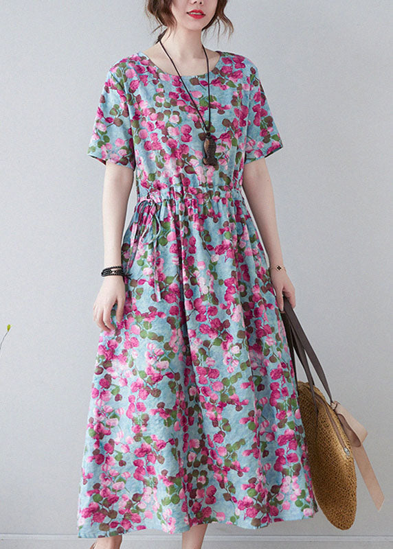 Red O-neck Cinched Print Cotton Cinch Dress Short Sleeve