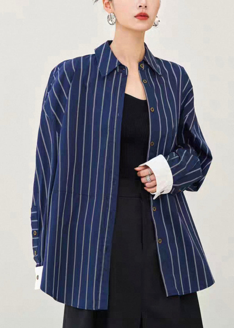 Navy Striped Button Cotton Shirt Fall
