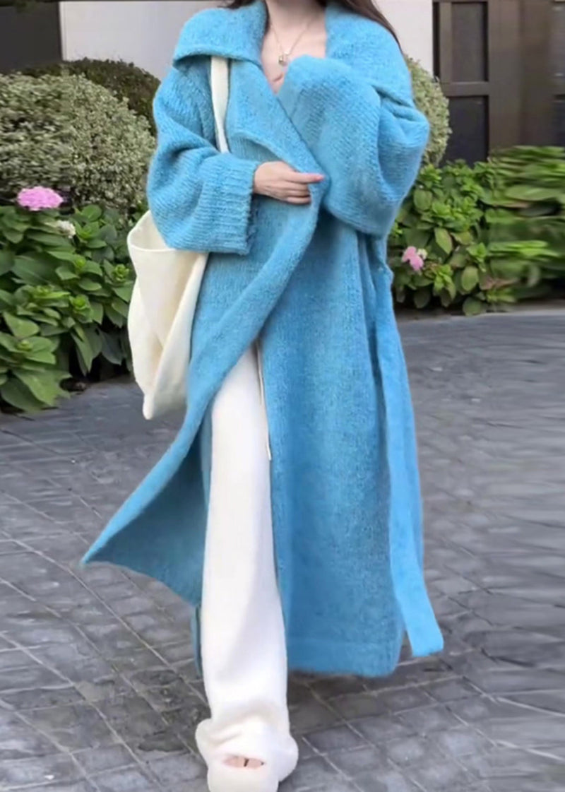 Elegantblue Peter Pan Collar Tie Waist Knit Long Coat Fall