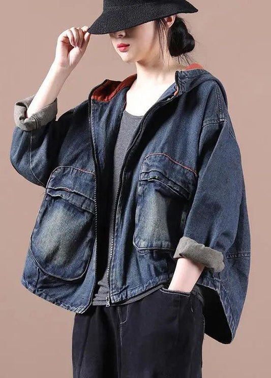 Blue Hooded Pockets Zippered Fall Denim Coat Long Sleeve