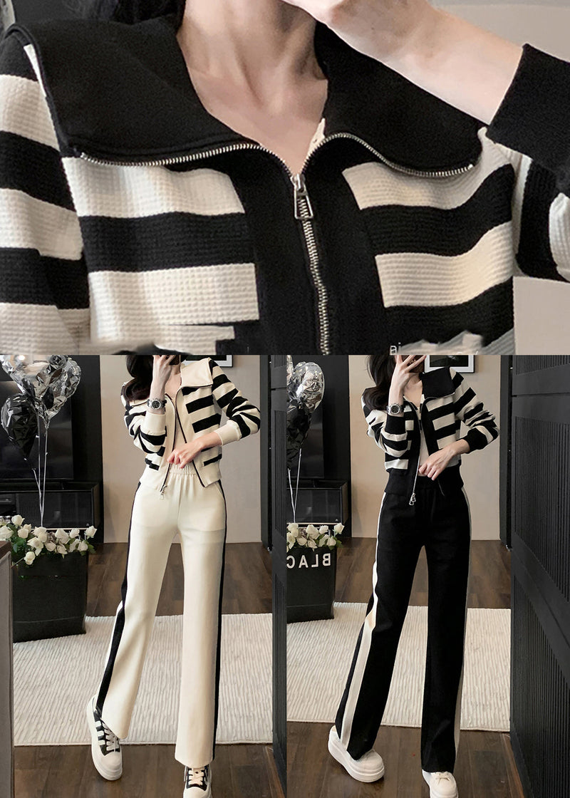 Black Striped Tops and Pants Cotton Two Pieces Set Spring