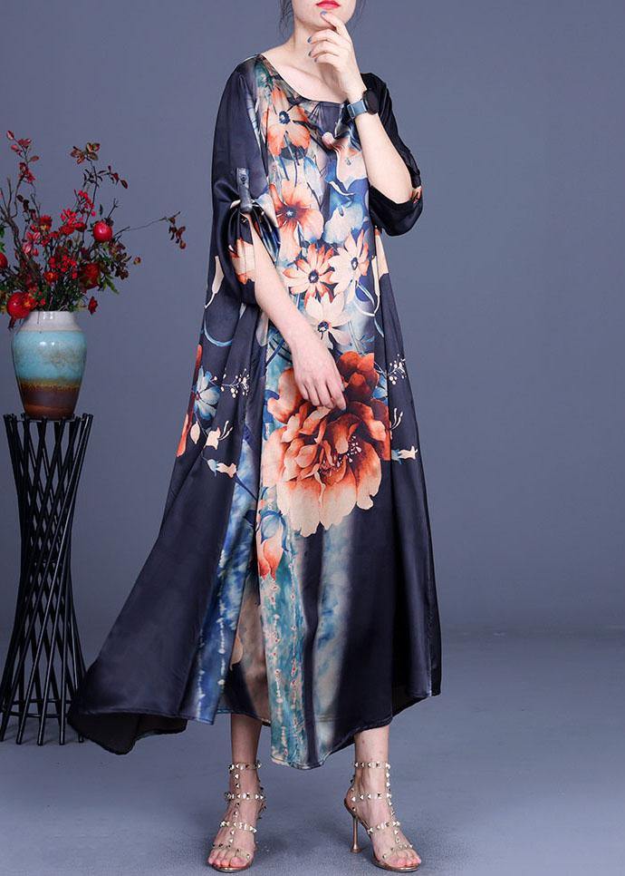 Comfy Blue Print Asymmetrical Design Half Sleeve Silk Summer Holiday Dress