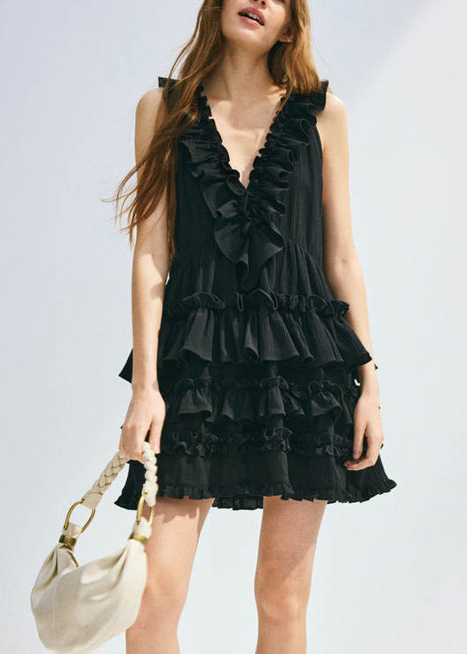 Black V Neck Ruffled Patchwork Cotton Dress Sleeveless