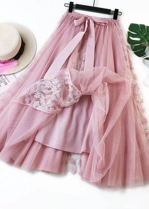 Diy Pink Wrinkled Patchwork Lace Tulle Skirt Spring