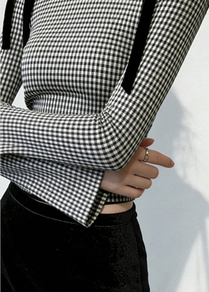 French Grey Plaid Bow Silm Fit Blouses Flare Sleeve