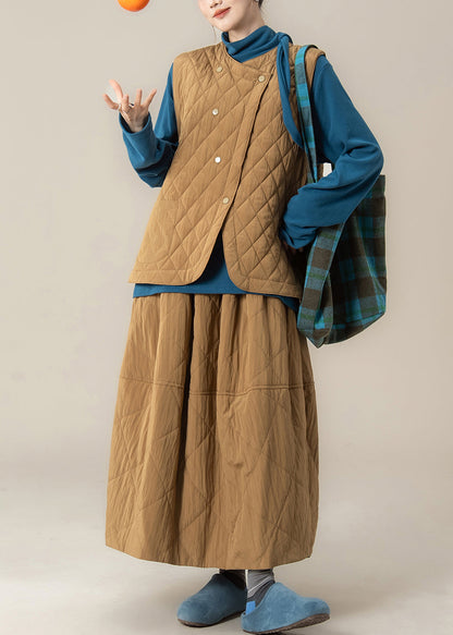 Plaid Khaki Button Cotton Filled Waistcoat and Skirts Three Pieces Set Winter