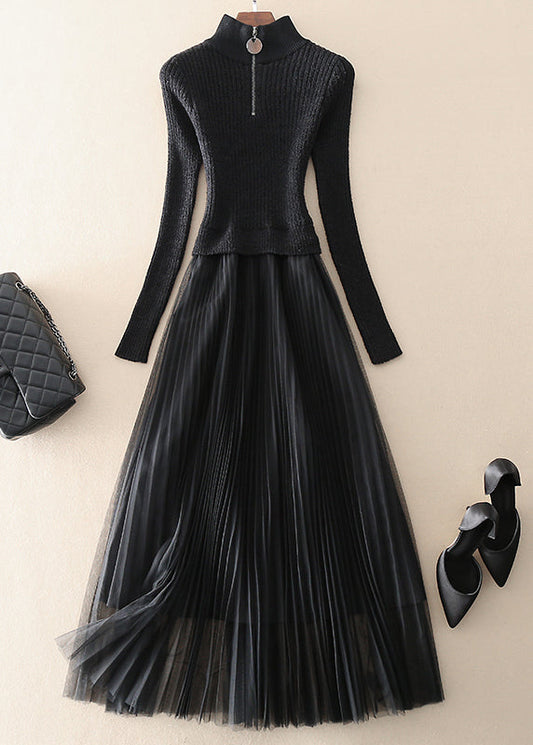 Black Zip Up Tulle Patchwork Knit Long Dresses Spring