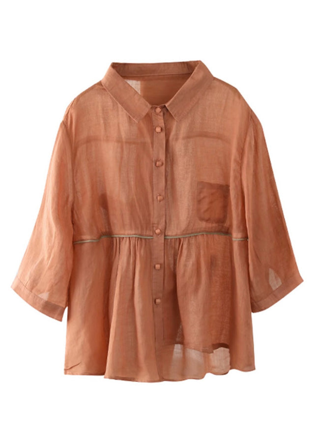 Purple Peter Pan Collar Asymmetrical Patchwork Button Ramie Shirts Half Sleeve