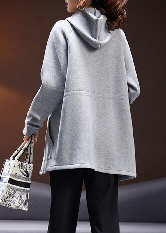 Black Drawstring Zippered Hooded Coat Fall