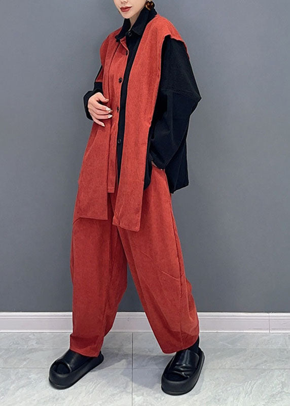 Stylish Orange Patchwork Black Asymmetrical Cape Top and Harem Pants Two Pieces Set Long Sleeve