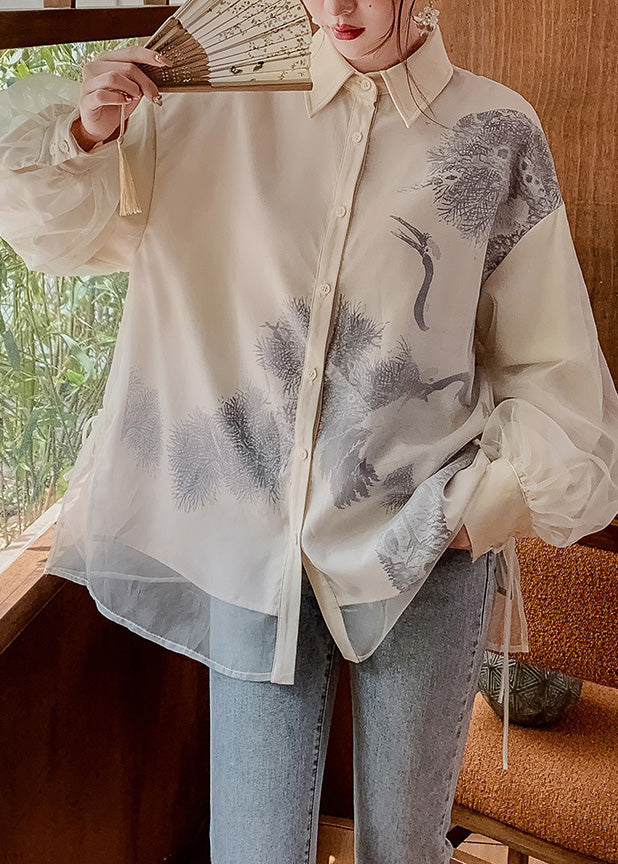 Black Peter Pan Collar Print Button Tulle Shirts Long Sleeve